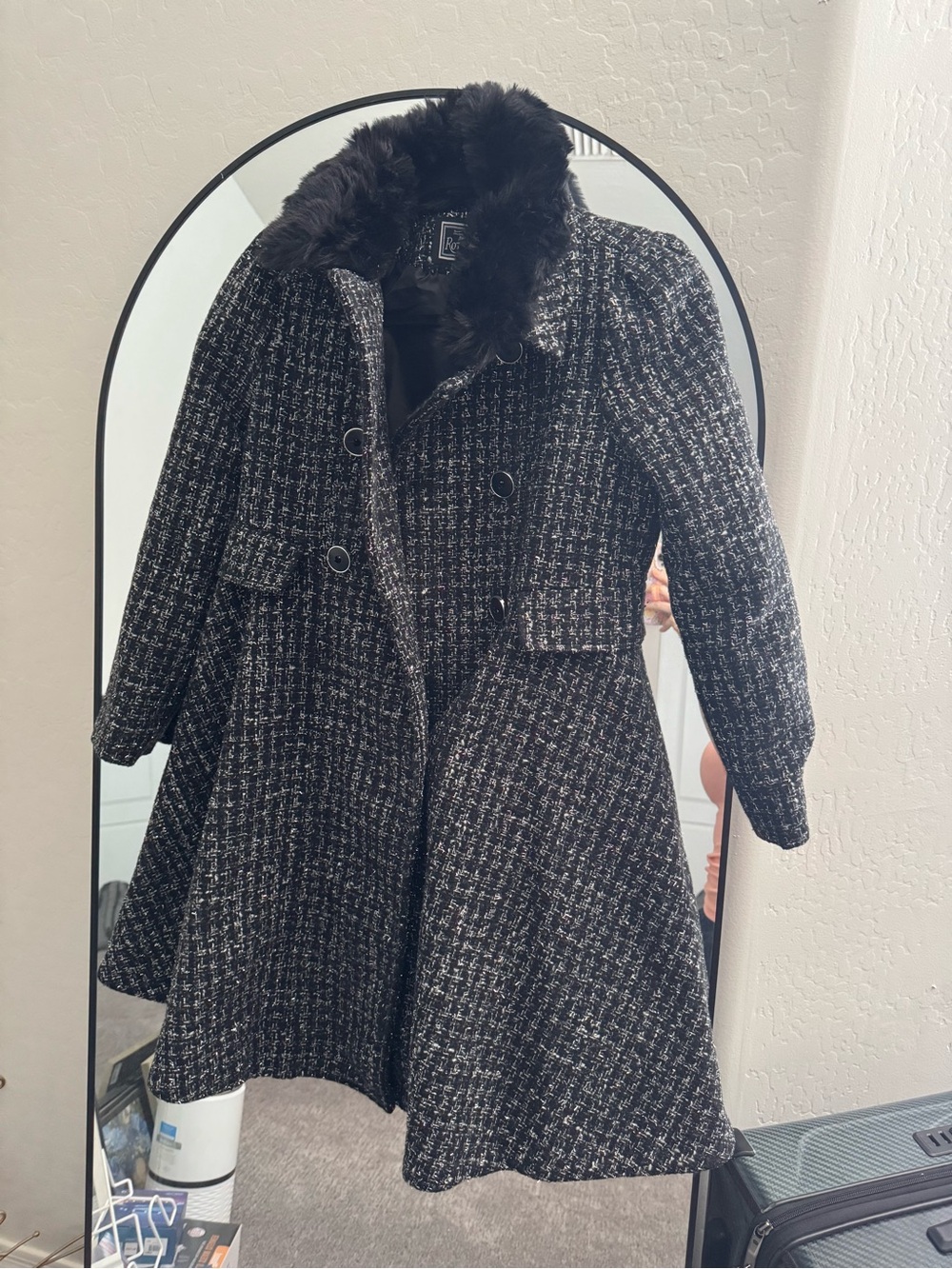 Girls' Black Tweed Pea Coat with Faux Fur Collar